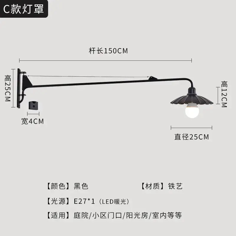DecorBites black led swing arm wall lamp with black wrought iron c-style mount and fluted shade for indoor outdoor decor