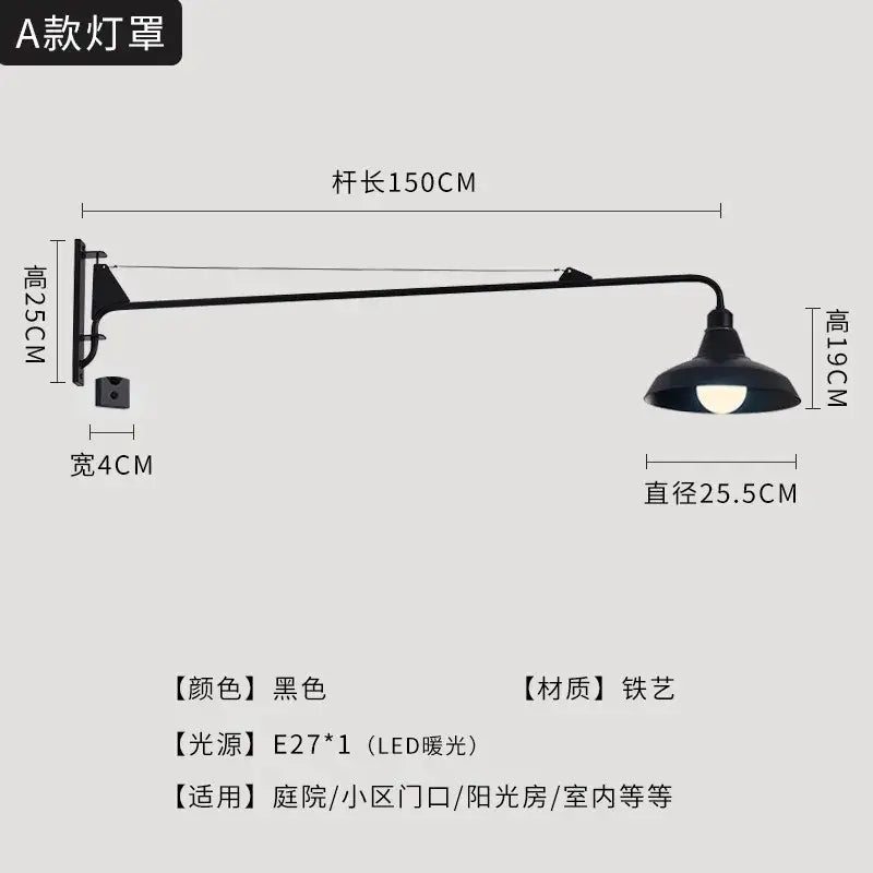 DecorBites black LED swing arm wall lamp with black iron 150cm arm and warm e27 bulb for indoor and outdoor use