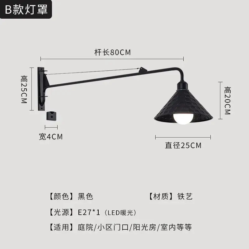 DecorBites black led wall lamp with swing arm and textured conical black iron shade for outdoor and indoor use