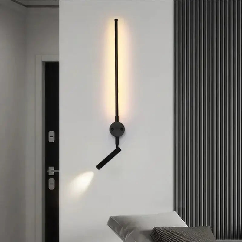 Black minimalist wall lamp with sleek vertical rod and adjustable spotlight decorbites black led for indoor lighting