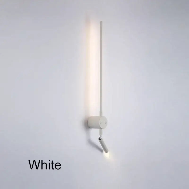 White minimalist wall lamp with sleek vertical rod and adjustable angled light in decorbites black led wall series