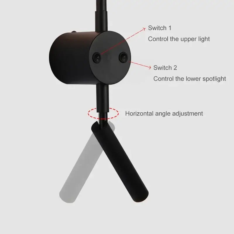 DecorBites black led wall lamp with two adjustable spotlights and control switches for bedroom and living room lighting