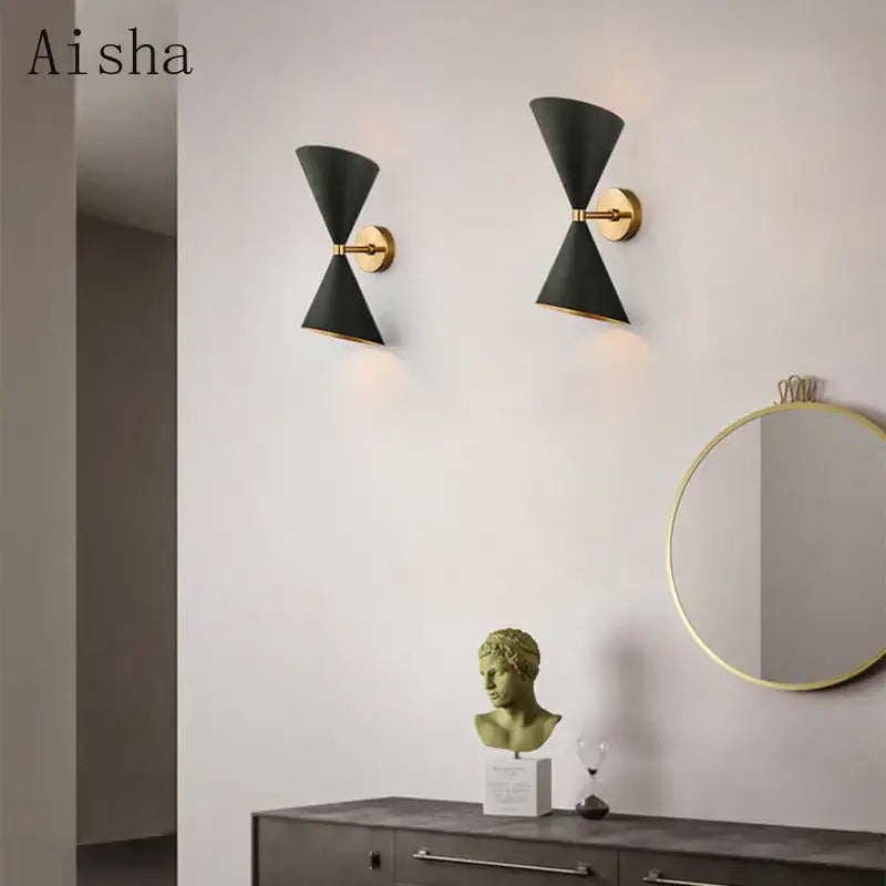 Decorbites black led wall lamp featuring black conical sconces with gold-toned metal fixtures for modern lighting