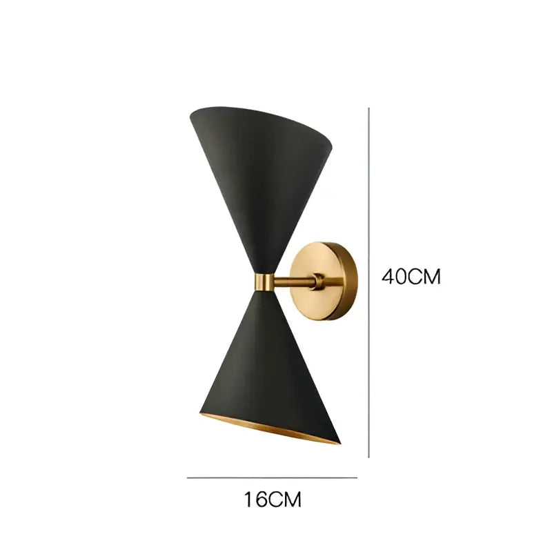 DecorBites black LED wall lamp with black conical design and gold-toned metal accents, 40cm height for modern lighting