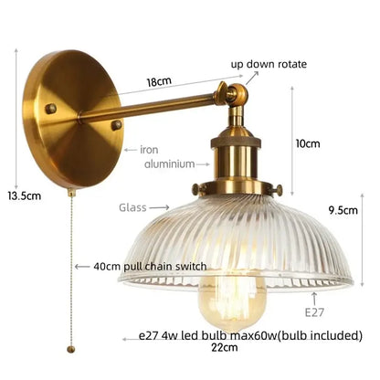 Decorbites black led wall lamp vintage style iron bedside light with antique brass finish and ribbed glass shade e27 bulb