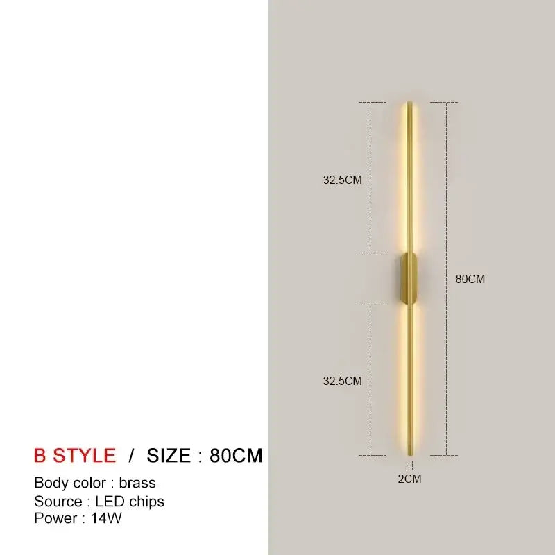A sleek modern 80cm brass finished led wall light with slim vertical design from decorbites for bedroom and living room