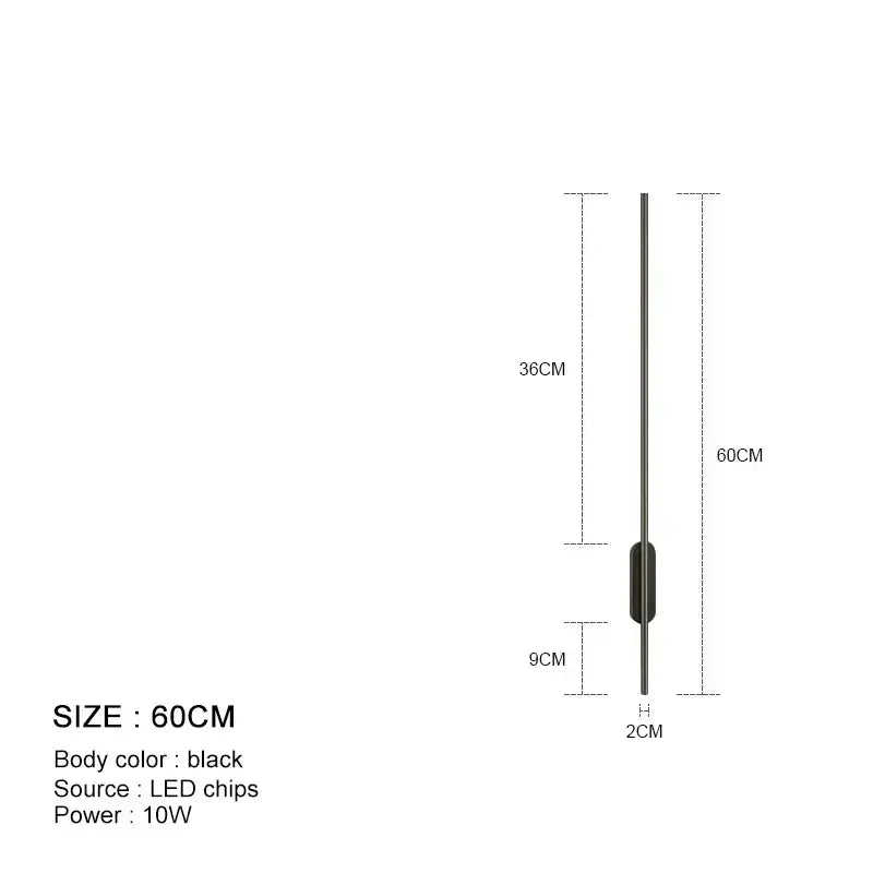 Black 60cm led wall sconce with sleek modern design and slim cylindrical body for bedroom and kitchen wall lights