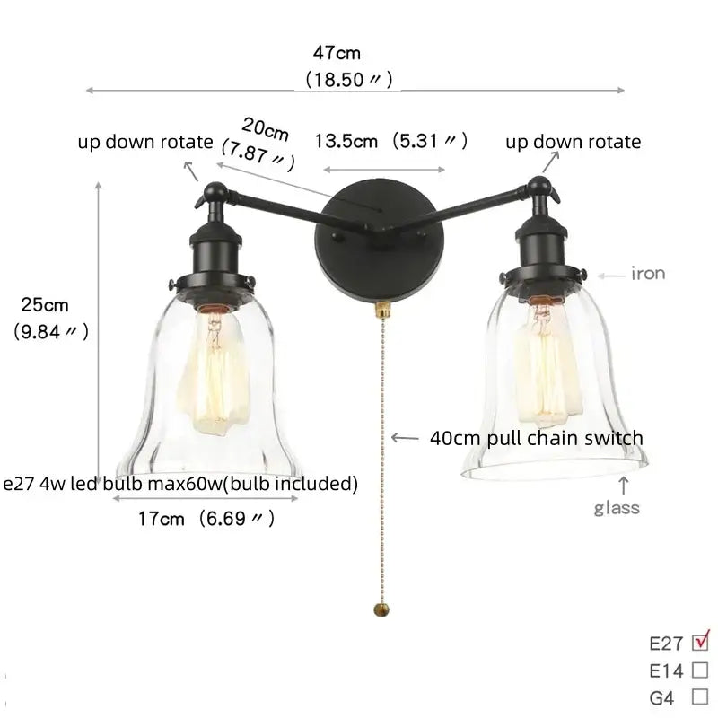 Decorbites black led wall sconce with two clear glass bell shades and vintage edison bulbs for bedroom and bathroom