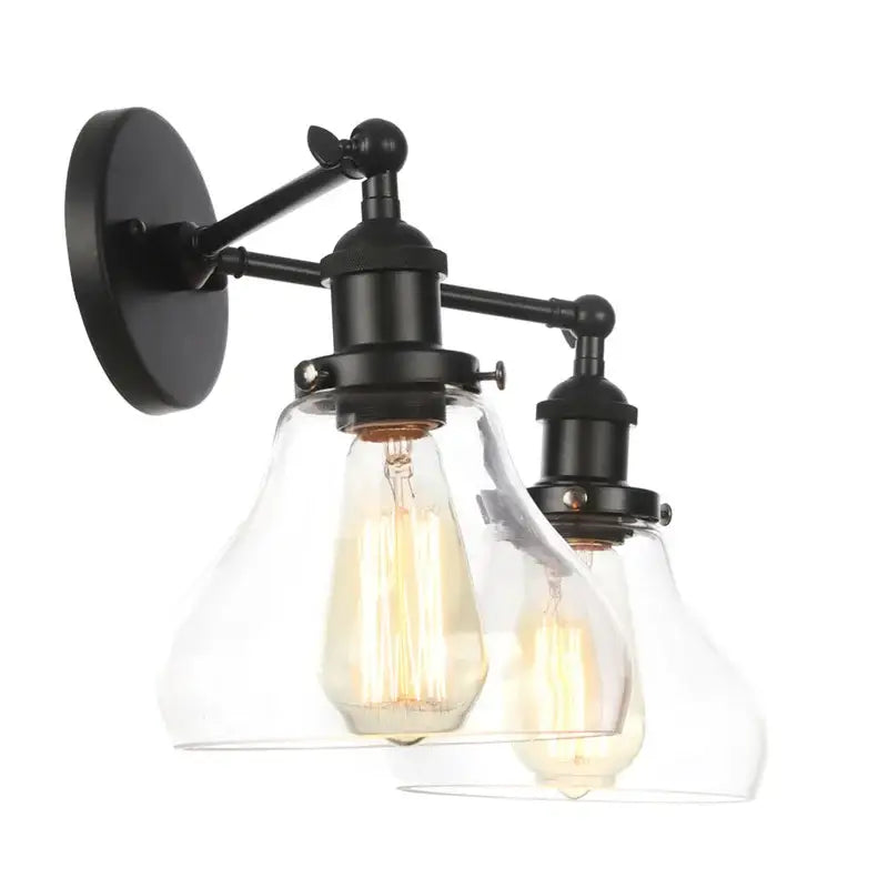 Black wrought iron wall sconce with two clear glass shades and exposed bulbs by decorbites black led wall lamp
