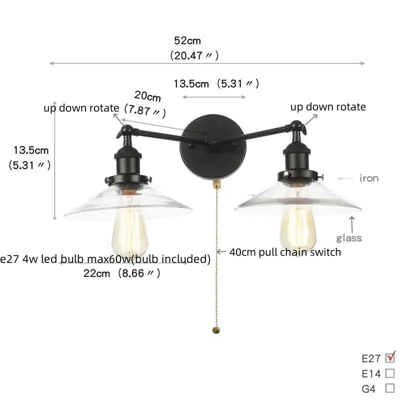 Black iron DecorBites black led wall sconce with two adjustable arms and clear glass shades for bedroom and bathroom use