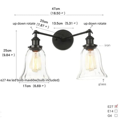 Black iron wall sconce with two clear glass bell shades and exposed edison bulbs decorbites black led wall fixture