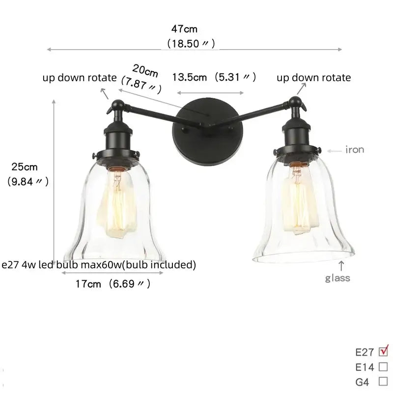Black iron wall sconce with two clear glass bell shades and exposed edison bulbs decorbites black led wall fixture