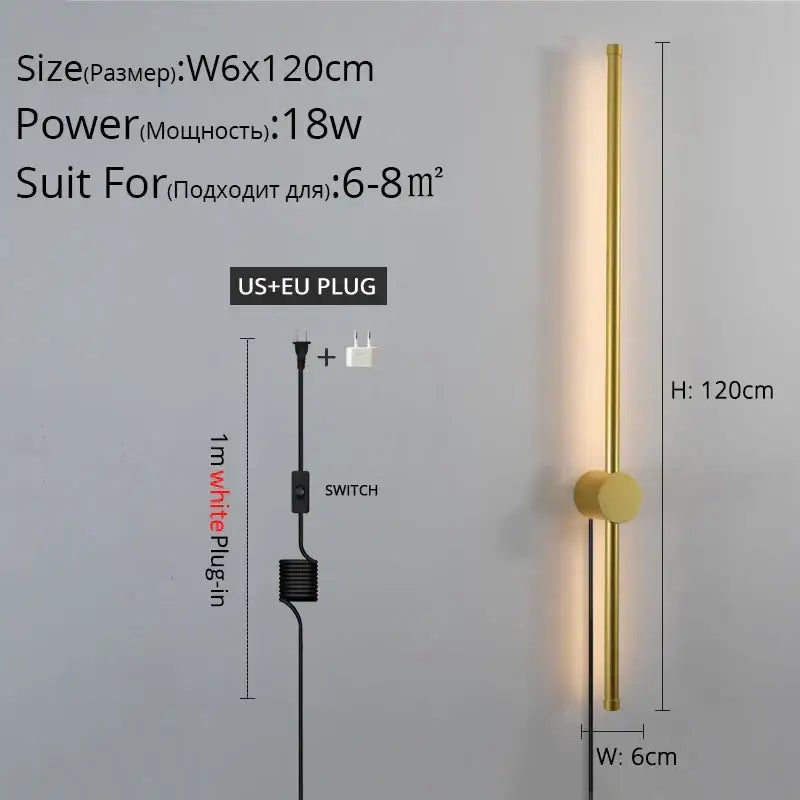 A sleek 120cm gold-finished wall sconce with cylindrical design by DecorBites black led wall lighting