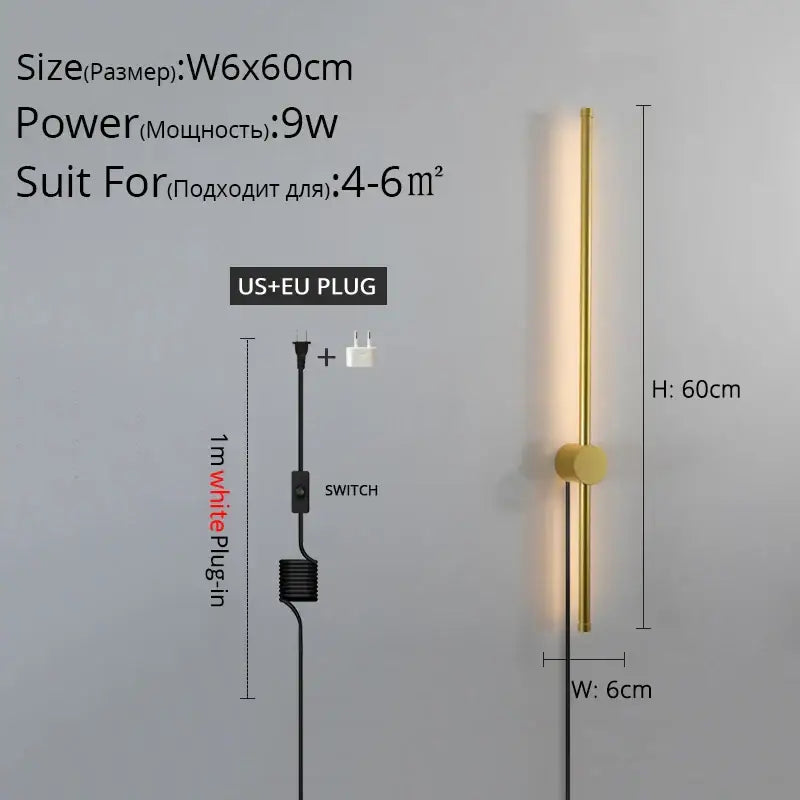 Gold-toned minimalist wall sconce with sleek cylindrical led light and integrated switch for decorbites black led wall use