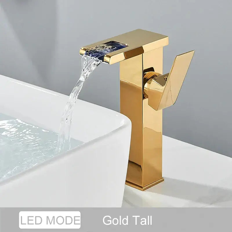 Gold-colored tall waterfall faucet with sleek modern design and decorbites black led three-color changing led waterfall bathroom feature