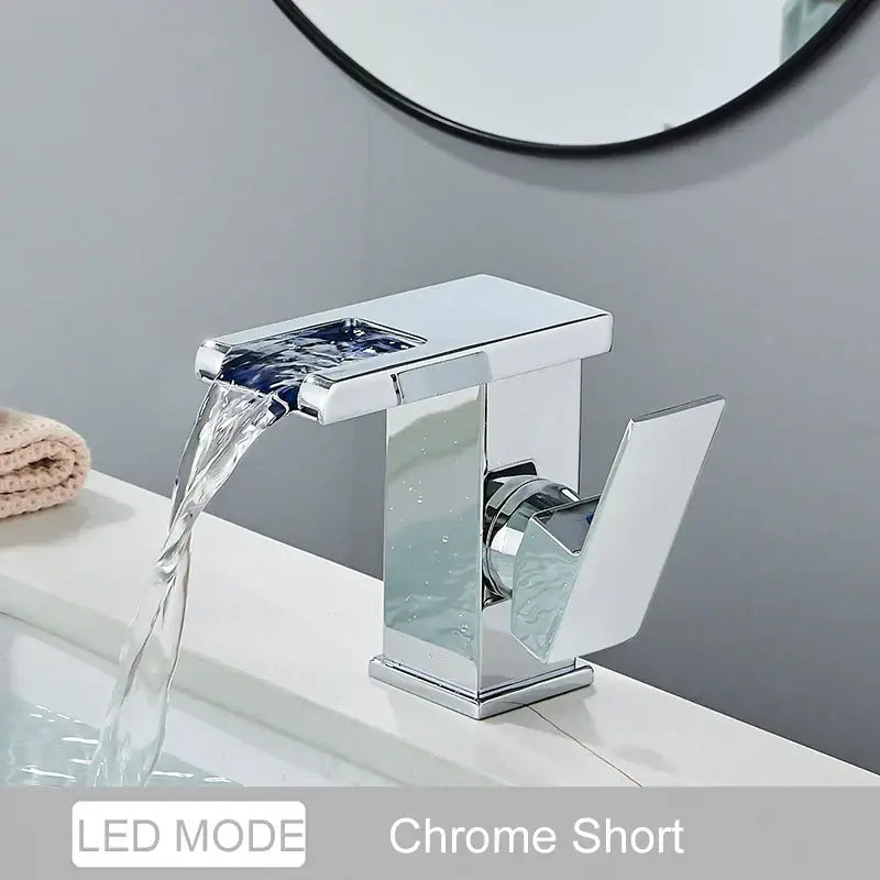 Decorbites black led waterfall bathroom faucet with chrome finish sleek modern design and three color led lighting