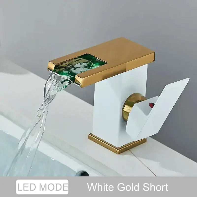 Decorbites black led waterfall bathroom faucet deck mounted short white and gold faucet with green glass insert