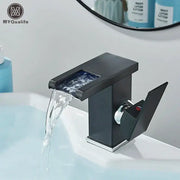 DecorBites black led waterfall bathroom faucet in black matte with chrome accents and three color change deck mounted design