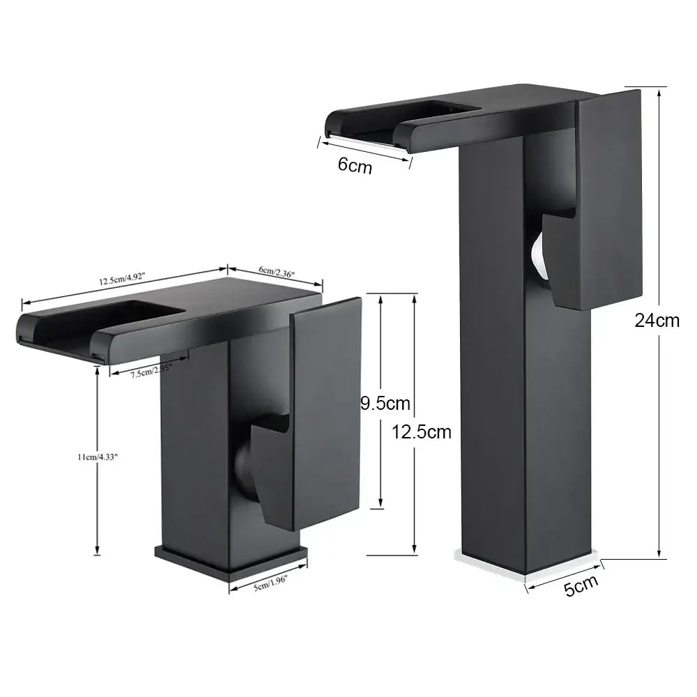 Decorbites black led waterfall bathroom faucet with black matte finish rectangular design and integrated handle deck mounted