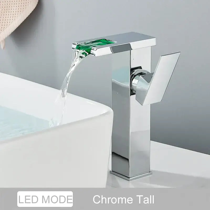 Decorbites black led waterfall bathroom faucet with chrome finish and green glass accent deck mounted with three color change