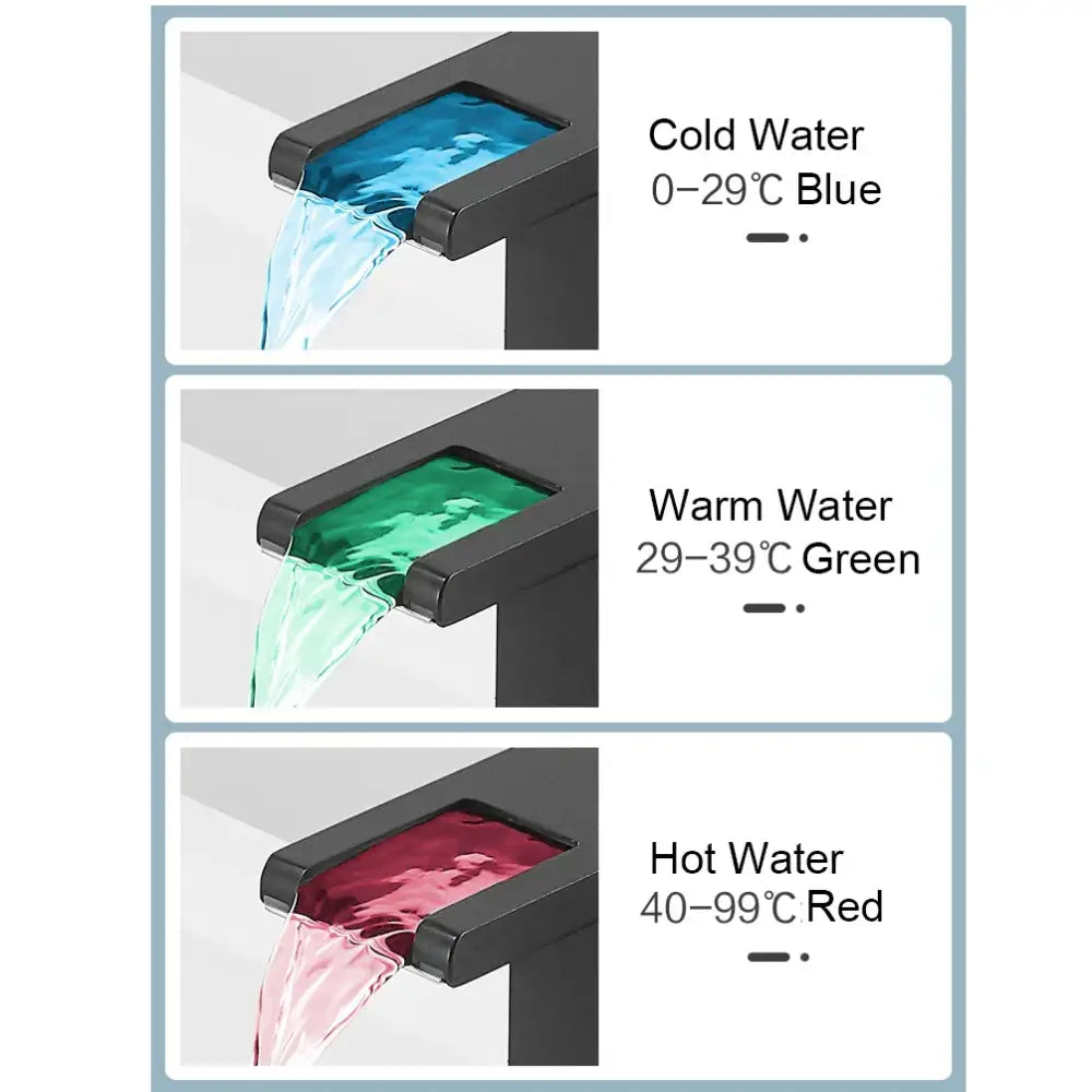 Decorbites black led waterfall bathroom faucet deck mounted with three color change led waterfall water flow