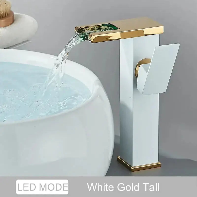 Decorbites black led waterfall bathroom faucet deck mounted with white gold finish and green mosaic rectangular spout