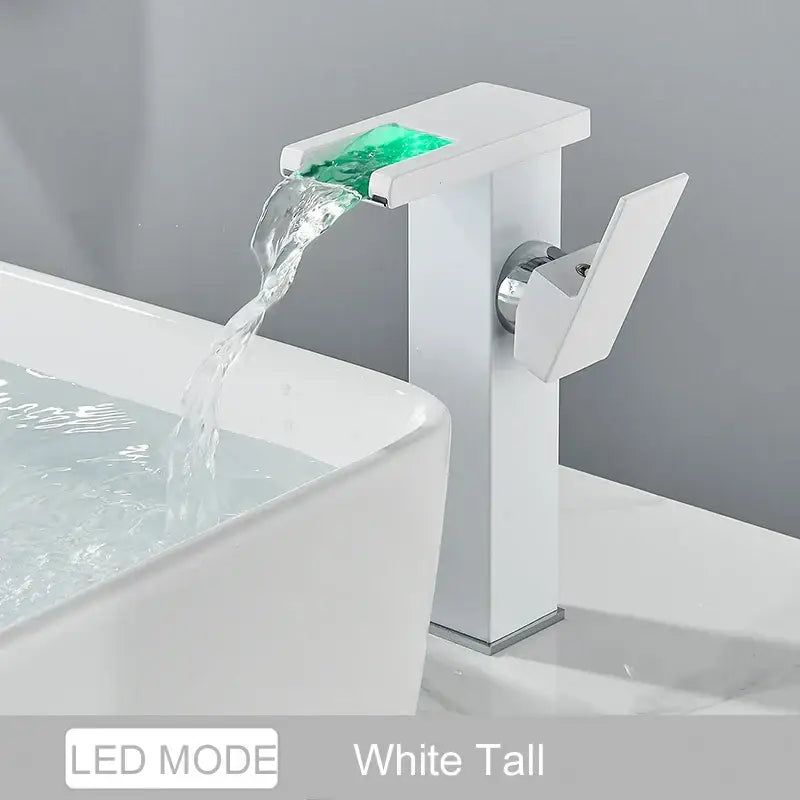 DecorBites black led waterfall bathroom faucet deck mounted white tall faucet with glowing green led accent in spout