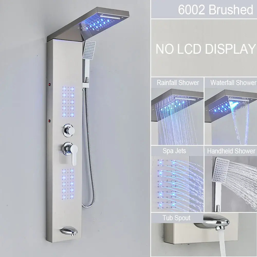 Decorbites black led waterfall rain shower panel faucet set in brushed stainless steel with massage jets and led lighting