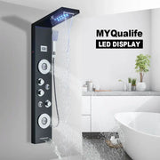 Decorbites black myqualife led waterfall rain shower panel with multiple spray heads and chrome controls