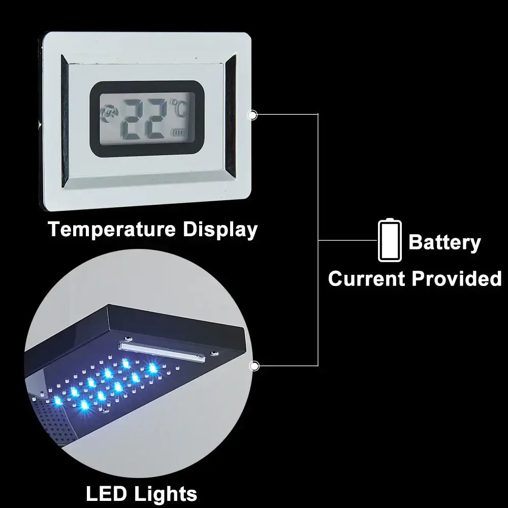 White digital thermometer with black display and led light panel for decorbites™ black led waterfall rain shower panel