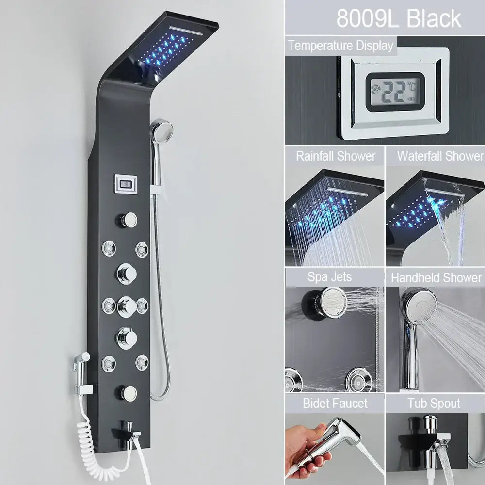 Decorbites black 8009l shower panel with chrome accents and led waterfall rain lighting and massage jets