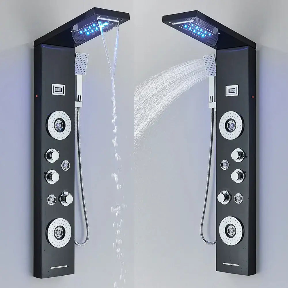 Decorbites black led waterfall rain shower panel with dual overhead rain showers and chrome control knobs