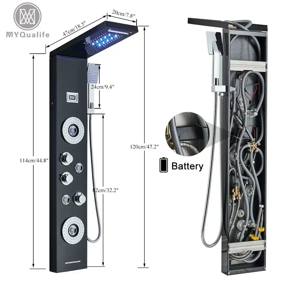 DecorBites™ black myqualife shower panel with led waterfall rain and massage jets featuring rectangular rainhead