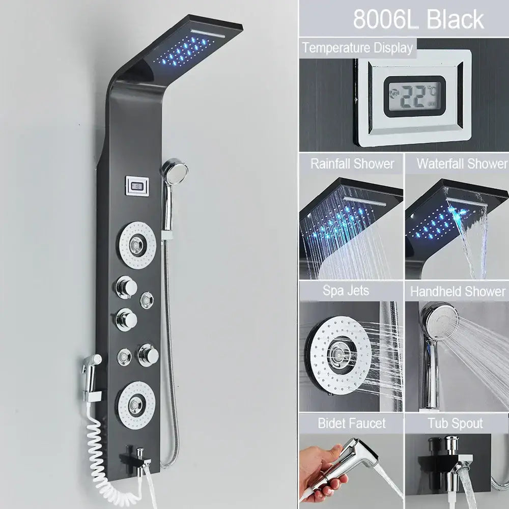 Decorbites black 8006l led waterfall rain shower panel faucet set with massage jets and digital temperature display