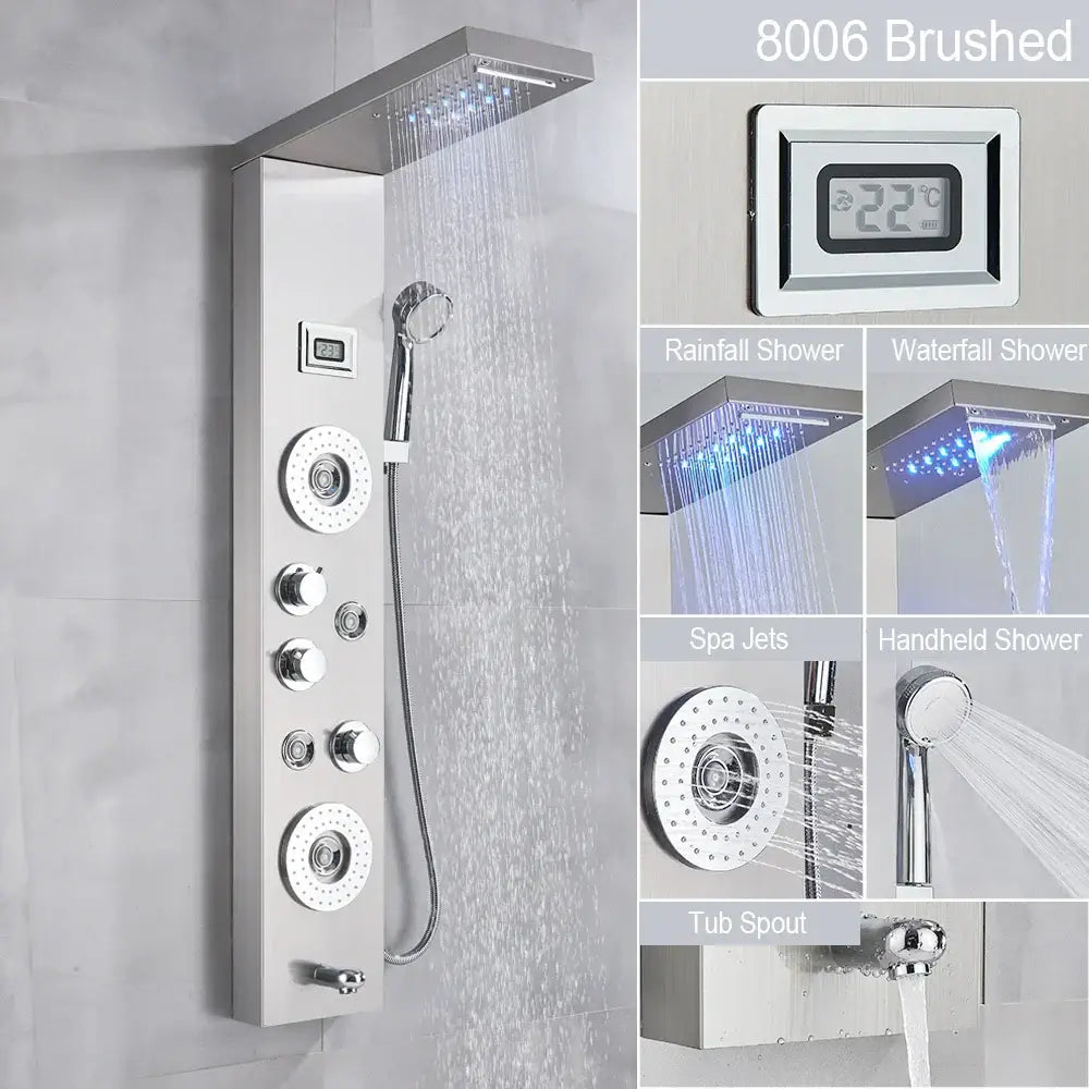 Brushed stainless steel DecorBites™ black led waterfall rain shower panel with multiple spray settings and massage jets
