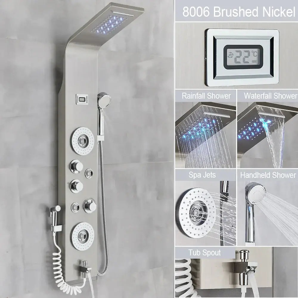 Decorbites™ black led waterfall rain shower panel with brushed nickel system and digital temperature display
