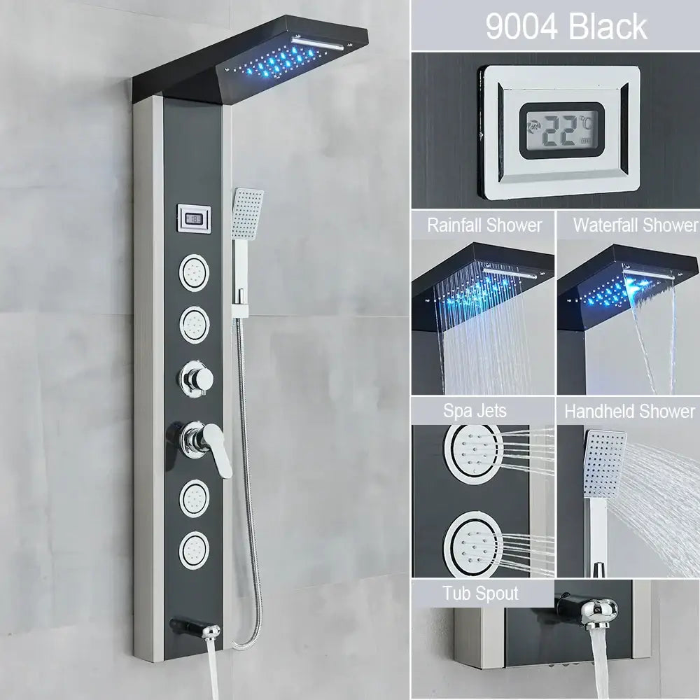 Decorbites black and chrome 9004 shower panel with led waterfall rain lighting and multiple spray settings including spa jets