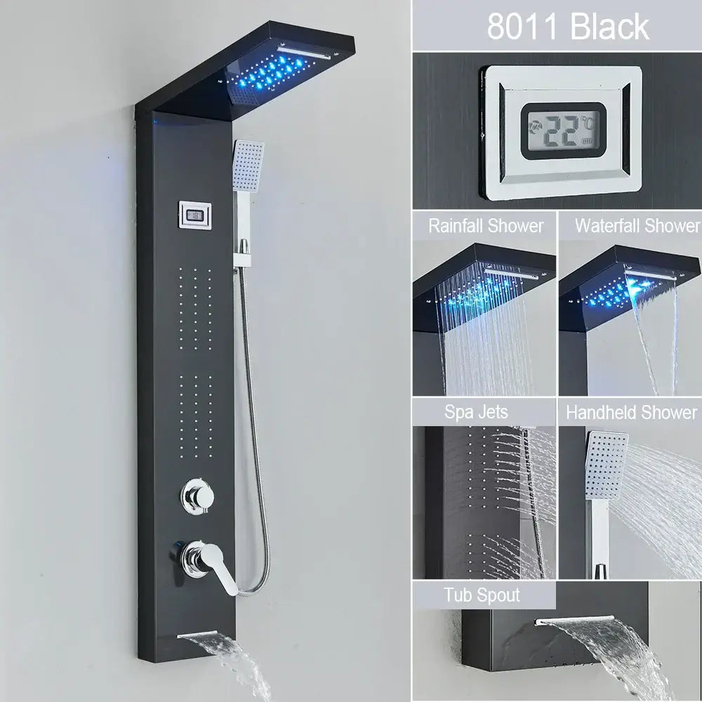 DecorBites black 8011 led waterfall rain shower panel with massage jets and multiple spray settings in matte black finish