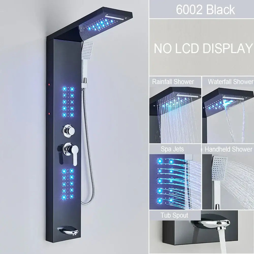 DecorBites black 6002 led waterfall rain shower panel with multiple spray settings and massage jets faucet set