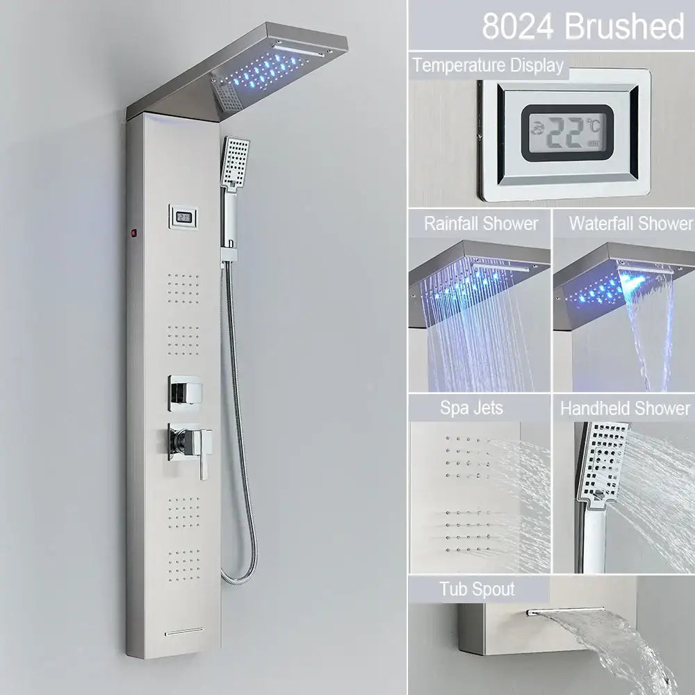 Brushed stainless steel decorbites™ black led waterfall rain shower panel with waterfall rain and handheld spray functions