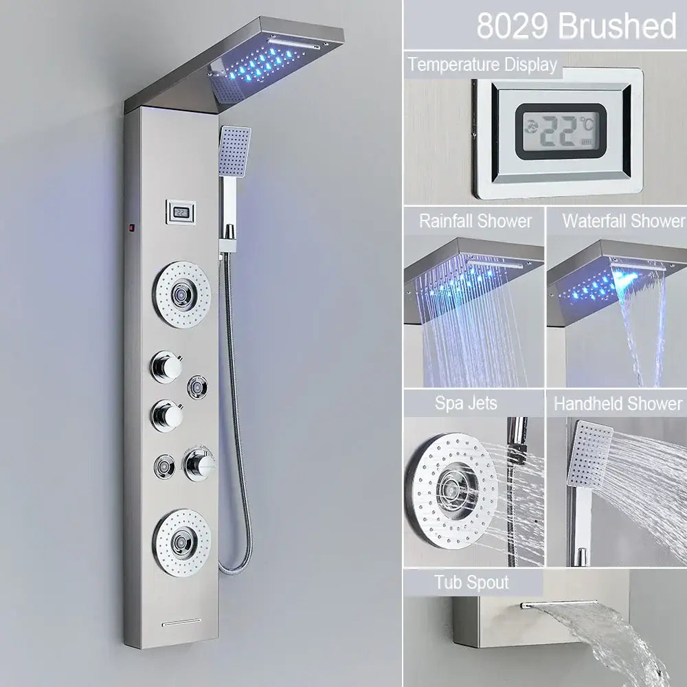Decorbites black brushed stainless steel shower panel with led waterfall rain shower heads and digital temperature display