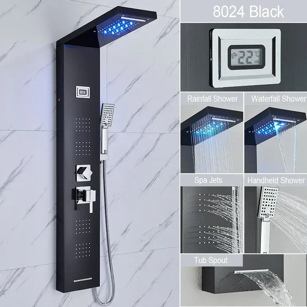 DecorBites™ black 8024 model LED waterfall rain shower panel with multiple spray modes and massage jets for luxury showers
