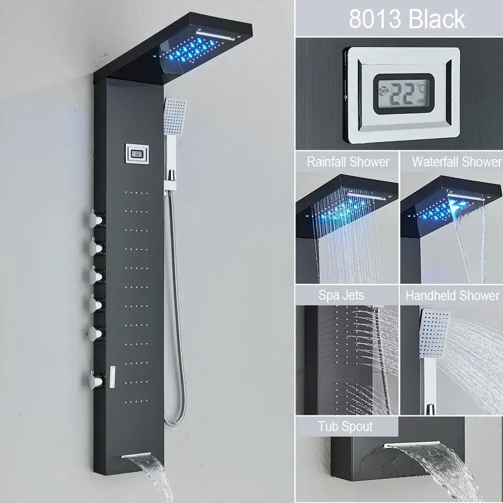 Black 8013 model shower panel with led waterfall rain, digital temperature display, and multiple spray settings