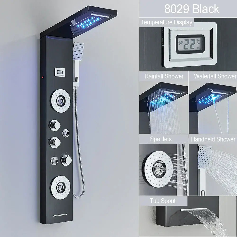 Decorbites™ black 8029 led waterfall rain shower panel with chrome accents and massage jets for luxury shower experiences