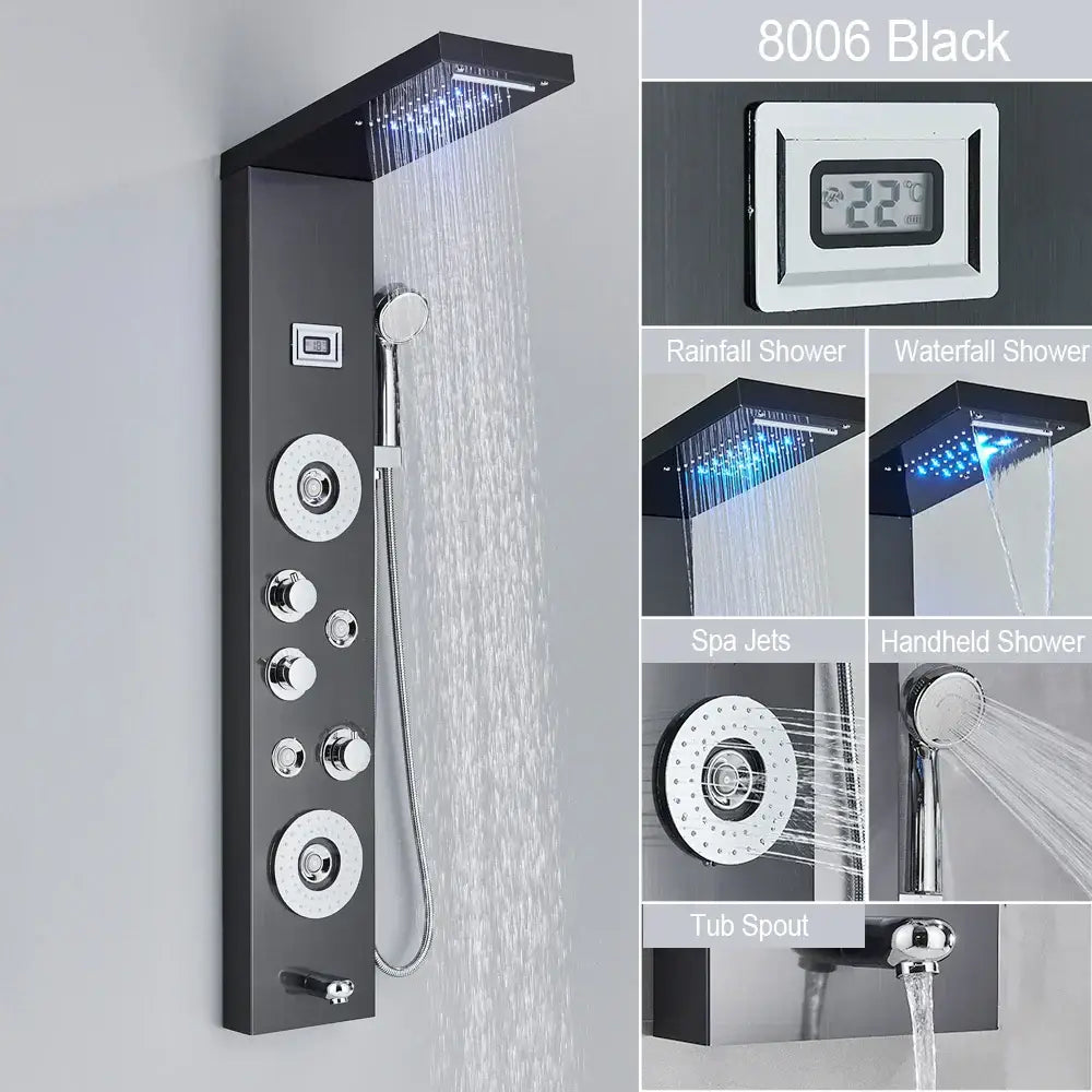 DecorBites Black 8006 shower panel with chrome accents led waterfall rain and massage jets for luxury showering
