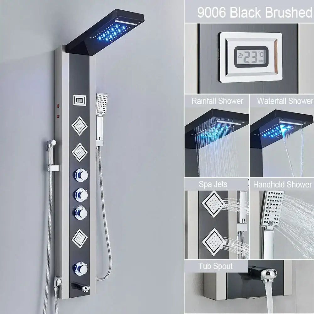 Decorbites black brushed stainless steel shower panel with led waterfall rain and digital display with massage jets
