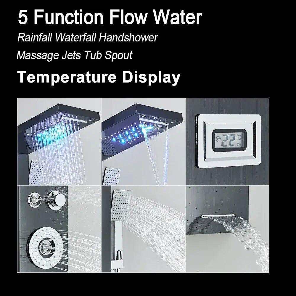 DecorBites™ black shower panel with led waterfall rain showerhead and multiple spray patterns with massage jets