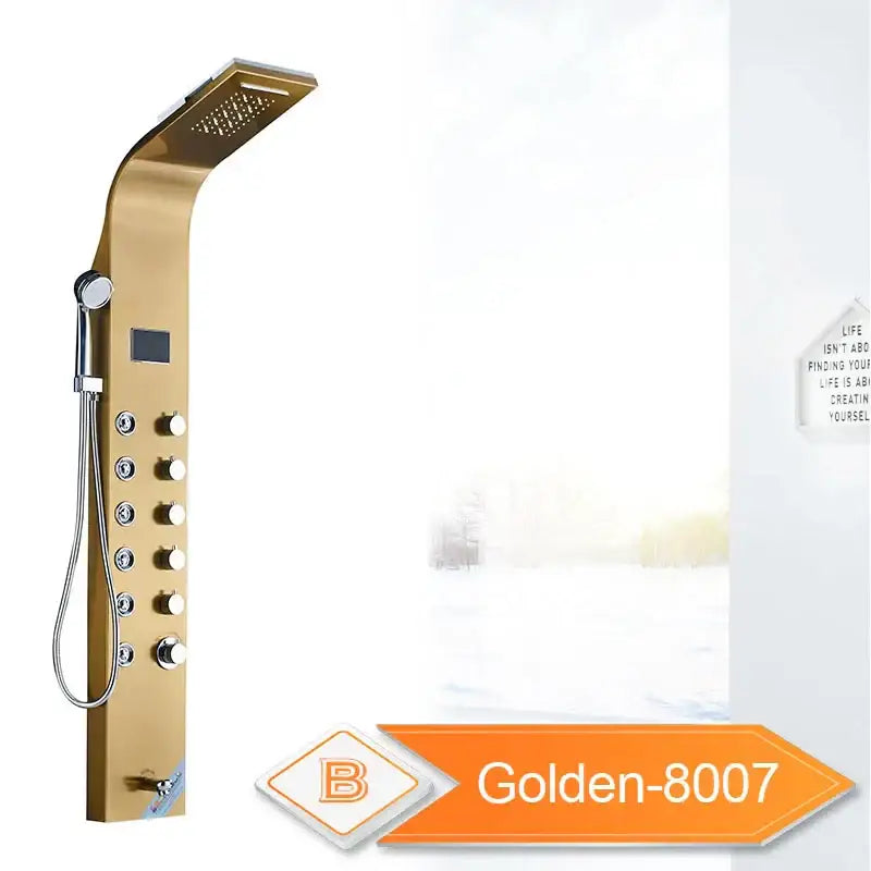 Gold-finished shower panel with rectangular rainhead, multiple knobs, and handheld sprayer for DecorBites black led waterfall model