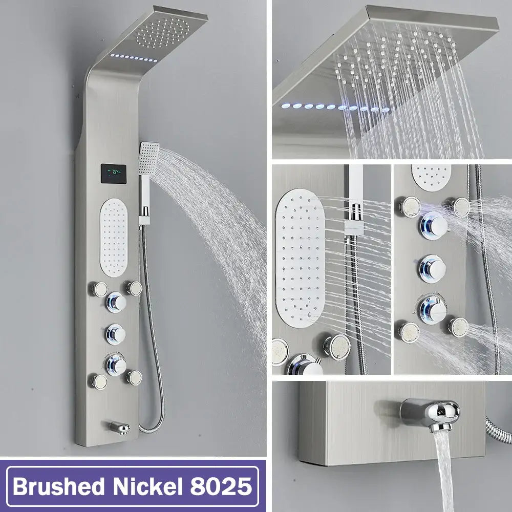 Brushed nickel decorbites black led waterfall shower panel with large rainhead multiple jets chrome knobs and led lighting