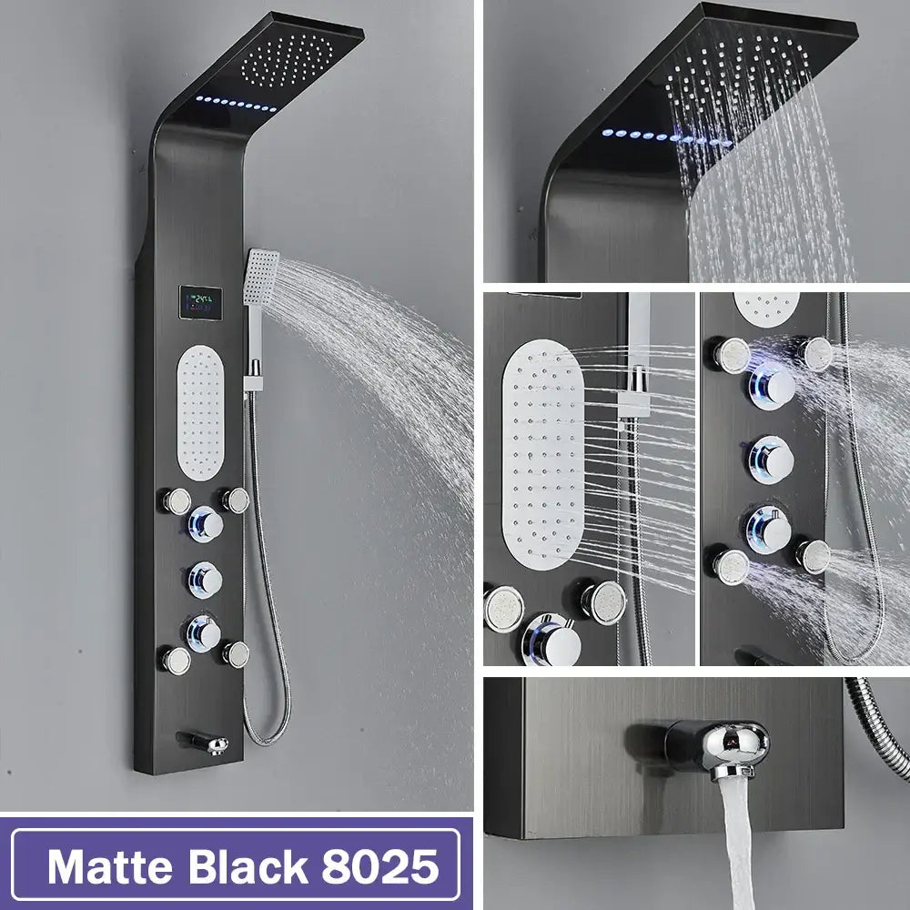Matte black decorbites black led shower panel with multiple spray heads chrome knobs and black led waterfall feature
